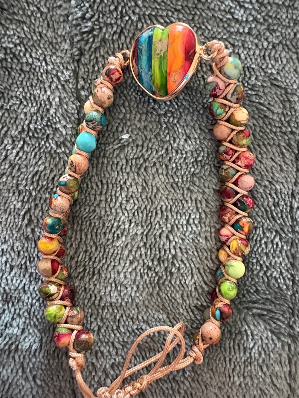 Gold Heart Rainbow Stripe Adjustable Bead Bracelet - Multicolor - Picture 3 of 3